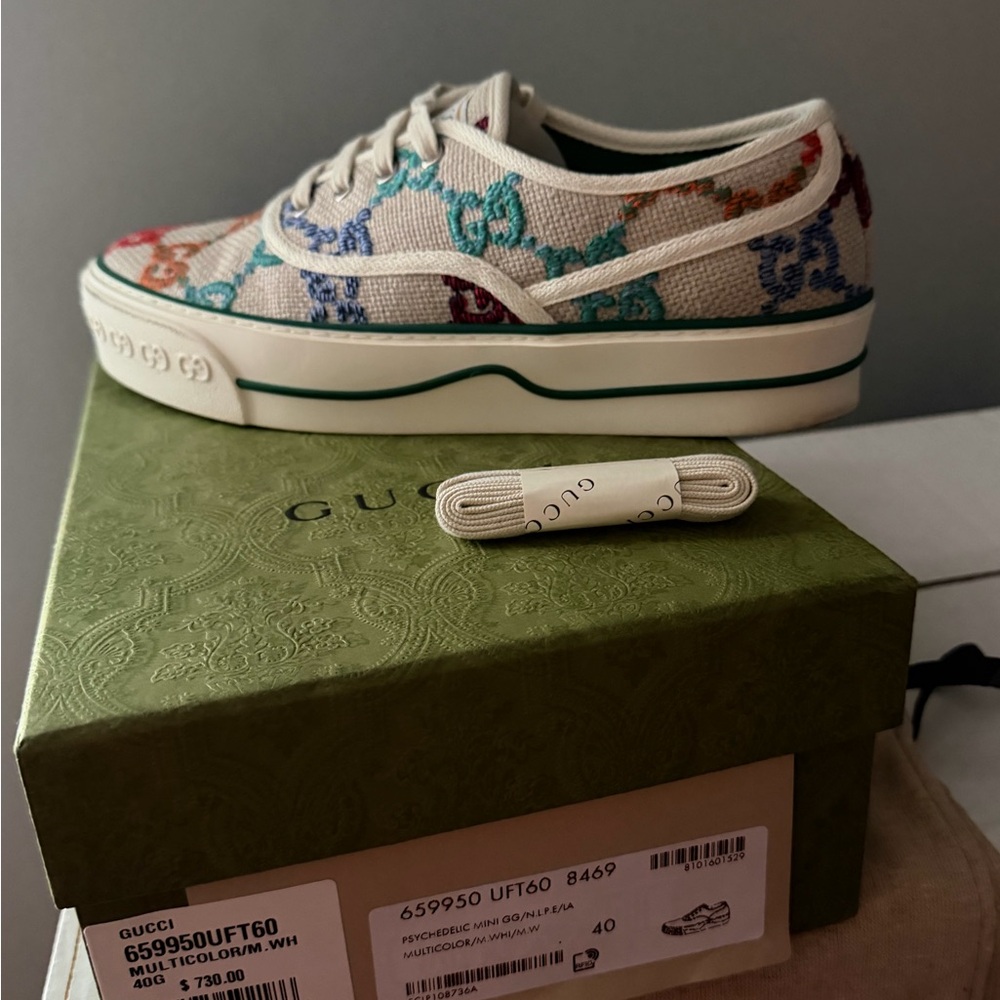 Gucci Beige and Pink Monogram Sneakers